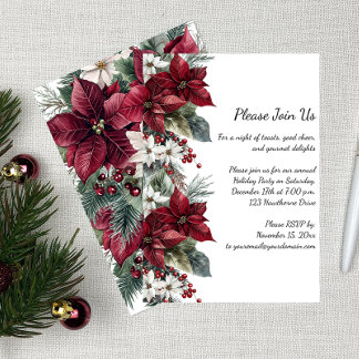 Dark Red and White Poinsettia Christmas Party | 招待状