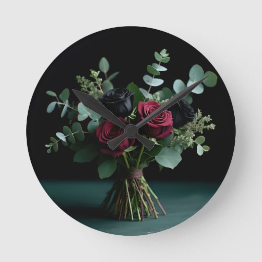 Dark Red Black Rose Bouquet Elegance ラウンド壁時計 (正面)