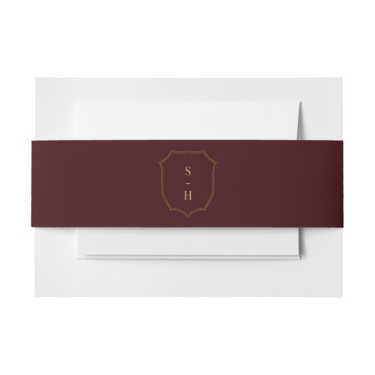 Dark Red Burgundy & Gold Crest Monogram Wedding 招待状ベリーバンド (正面例)