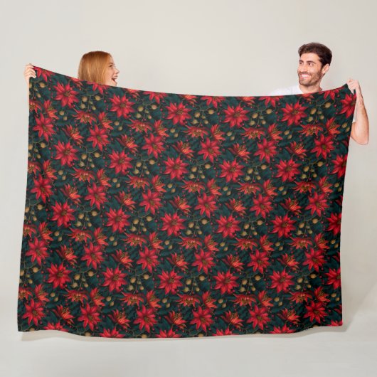 Dark Red Christmas Floral Pattern フリースブランケット (インサイチュ)