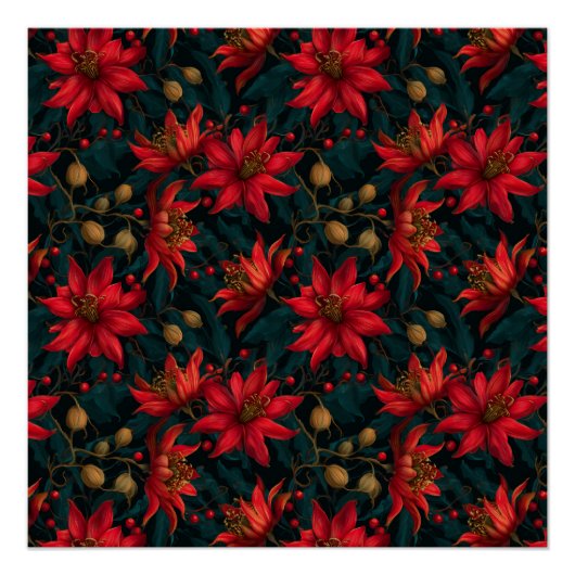 Dark Red Christmas Floral Pattern ポスター (正面)
