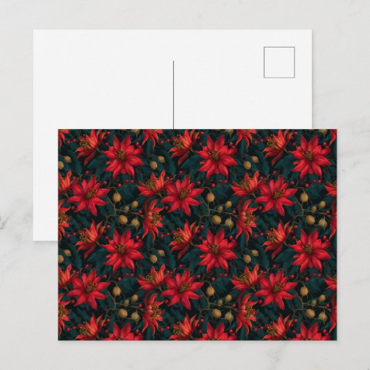 Dark Red Christmas Floral Pattern ポストカード (正面/裏面)