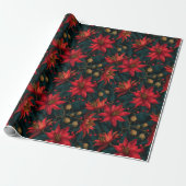 Dark Red Christmas Floral Pattern ラッピングペーパー (アンロールド)