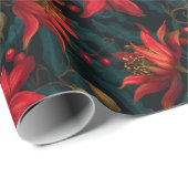 Dark Red Christmas Floral Pattern ラッピングペーパー (ロールコーナー)