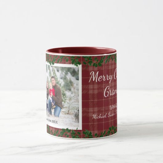 Dark Red Country Christmas Plaid Holiday Photo Mug マグカップ (中央)