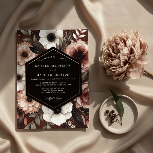 Dark Red Floral Moody Romance Wedding 招待状
