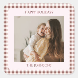 Dark Red Gingham Plaid Custom Photo Greeting スクエアシール