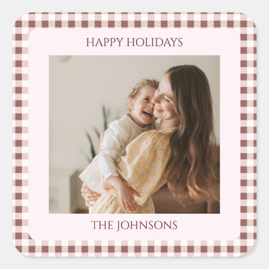 Dark Red Gingham Plaid Custom Photo Greeting スクエアシール (正面)