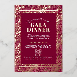 Dark red gold botanical pattern gala dinner event 箔招待状