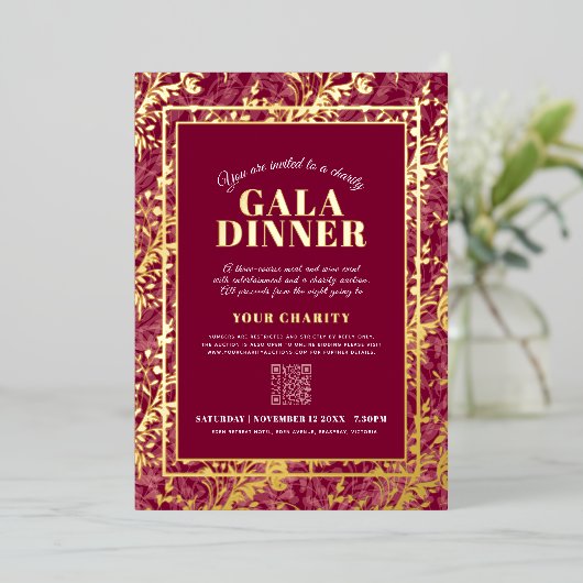 Dark red gold botanical pattern gala dinner event 箔招待状 (立ち正面)