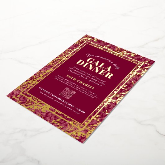 Dark red gold botanical pattern gala dinner event 箔招待状 (回転した状態)