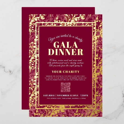 Dark red gold botanical pattern gala dinner event 箔招待状 (正面/裏面)