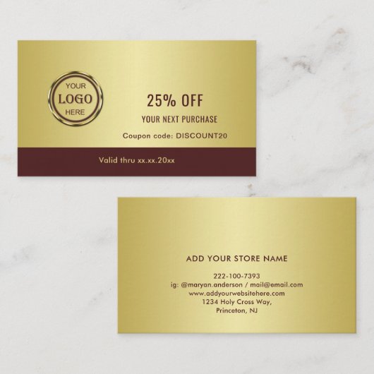 Dark-red gold design,Logo or Photo in gold circle, 割引カード (正面/裏面)