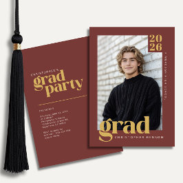 Dark Red Gold Modern Photo Graduation Party 招待状