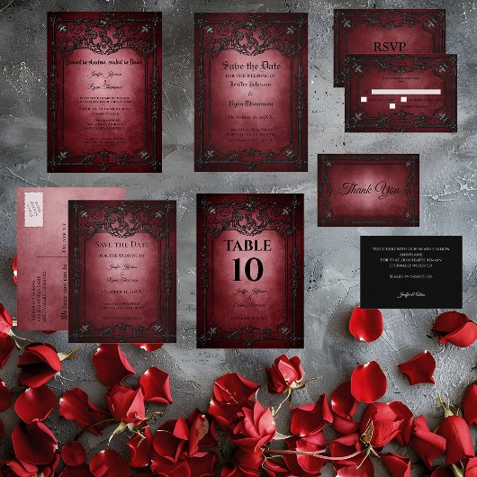 Dark Red Gothic Halloween wedding invitation 招待状