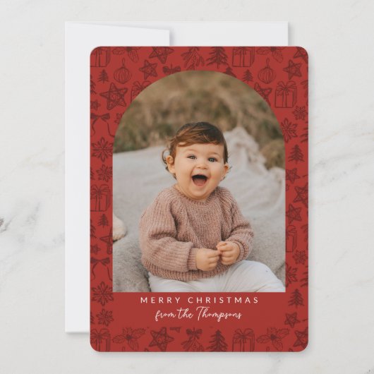 Dark Red Holiday Scribbles Arch Merry Christmas シーズンカード (正面)