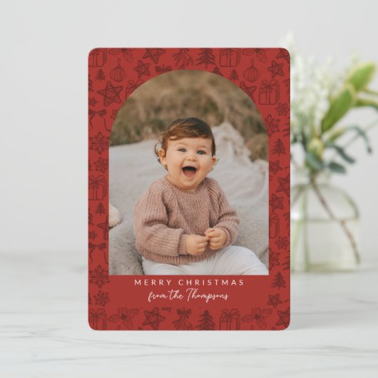 Dark Red Holiday Scribbles Arch Merry Christmas シーズンカード (スタンド正面)
