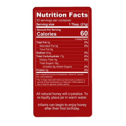 Dark Red Honey Nutrition Facts + Infant Warning ラベル (正面)