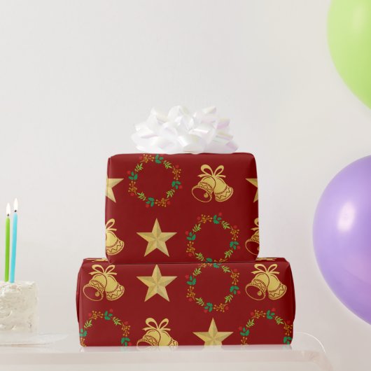 Dark Red Wrapping Paper w Gold Bells, Stars Wreath ラッピングペーパー (パーティーギフト)