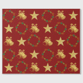 Dark Red Wrapping Paper w Gold Bells, Stars Wreath ラッピングペーパー (フラット)