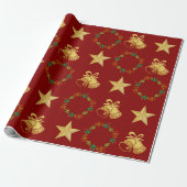 Dark Red Wrapping Paper w Gold Bells, Stars Wreath ラッピングペーパー (アンロールド)