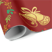 Dark Red Wrapping Paper w Gold Bells, Stars Wreath ラッピングペーパー (ロールコーナー)