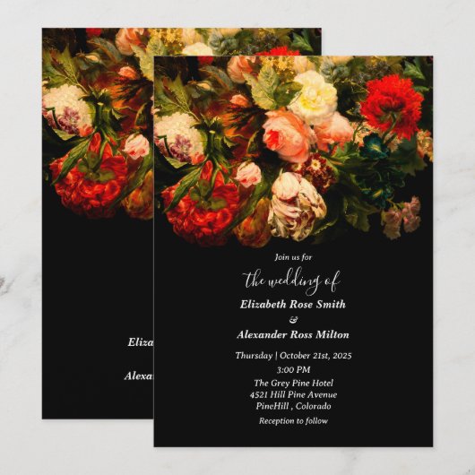 Dark romantic elegant floral flowers wedding 招待状 (正面/裏面)