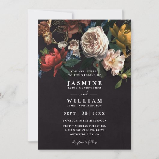 Dark Romantic Floral Dutch Chic QR Code Wedding 招待状 (正面)