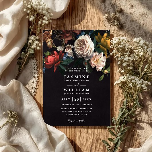 Dark Romantic Floral Dutch Chic QR Code Wedding 招待状