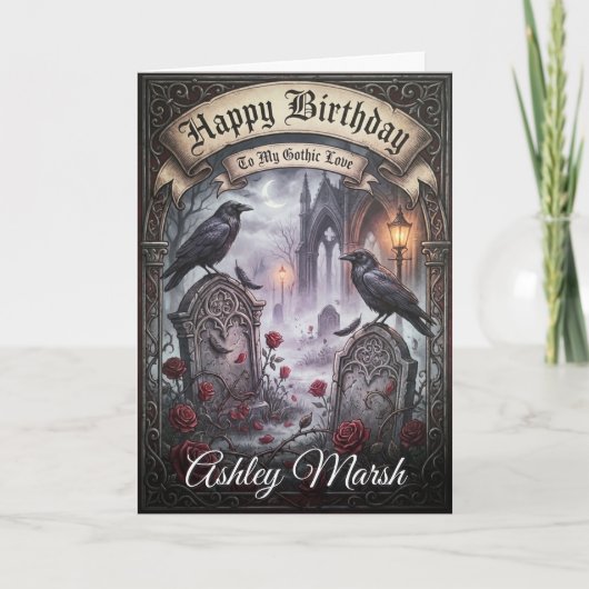 Dark Romantic Gothic Raven Lovers Birthday カード (正面)