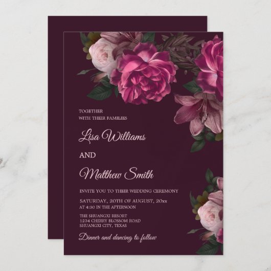 Dark Romantic Hand Drawn Roses Wedding 招待状 (正面/裏面)