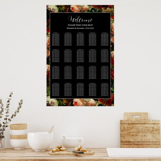 Dark romantic moody elegant wedding seating chart ポスター (キッチン)
