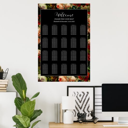 Dark romantic moody elegant wedding seating chart ポスター (ホームオフィス)