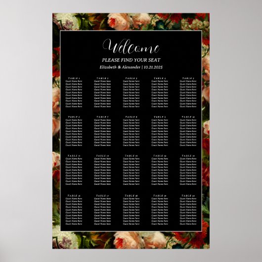 Dark romantic moody elegant wedding seating chart ポスター (正面)
