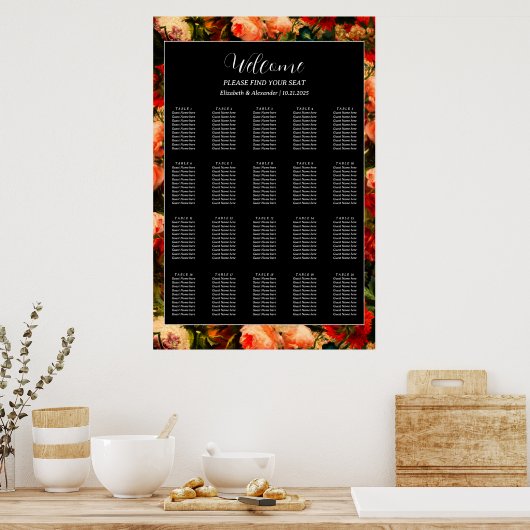 Dark romantic moody pretty wedding seating chart ポスター (キッチン)