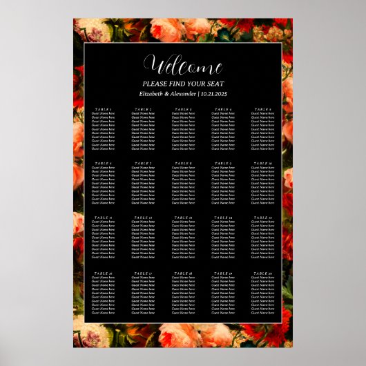 Dark romantic moody pretty wedding seating chart ポスター (正面)