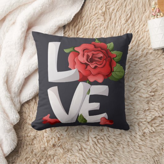 Dark Romantic Red Rose Love Typography Botanical クッション (ブランケット)