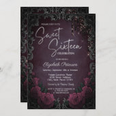 Dark Roses Frame Burgundy Glitter Drips Sweet 16 招待状 (正面/裏面)