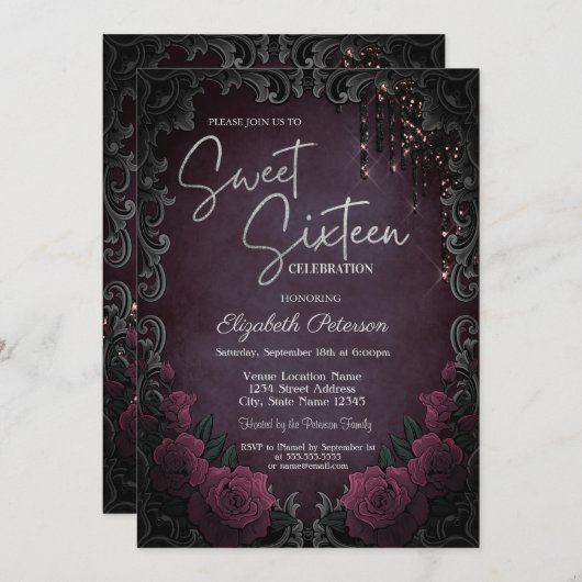 Dark Roses Frame Burgundy Glitter Drips Sweet 16 招待状 (正面/裏面)