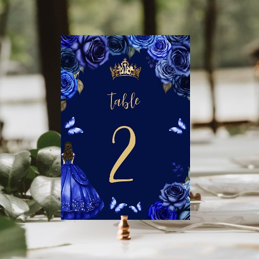 Dark Royal Blue Gold Floral Princess Quinceañera テーブルナンバー