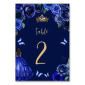 Dark Royal Blue Gold Floral Princess Quinceañera テーブルナンバー (正面)