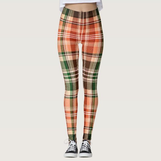 Dark Rustic Orange Green Brown Tartan Plaid レギンス (正面)