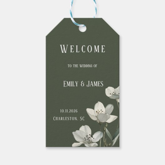 Dark Sage Green Botanical Wedding ギフトタグ (正面)