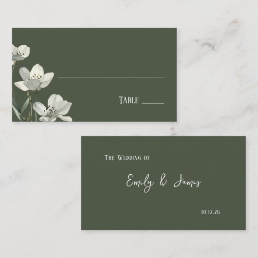 Dark Sage Green Botanical Wedding プレイスカード (正面/裏面)