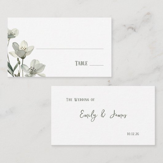 Dark Sage Green Botanical Wedding プレイスカード (正面/裏面)