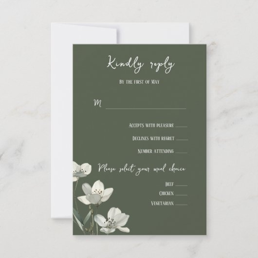 Dark Sage Green Botanical Wedding 出欠カード (正面)
