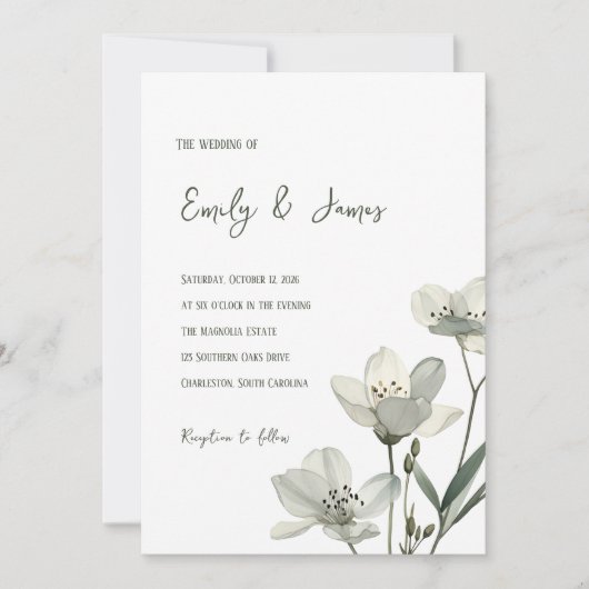 Dark Sage Green Botanical Wedding 招待状 (正面)