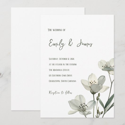 Dark Sage Green Botanical Wedding 招待状 (正面/裏面)