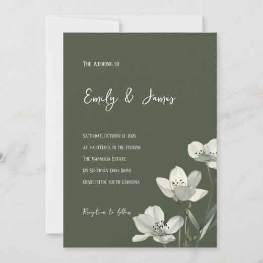 Dark Sage Green Botanical Wedding 招待状 (正面)