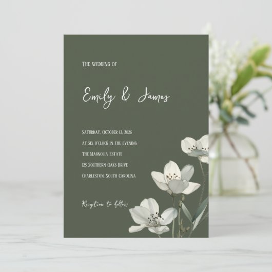 Dark Sage Green Botanical Wedding 招待状 (スタンド正面)